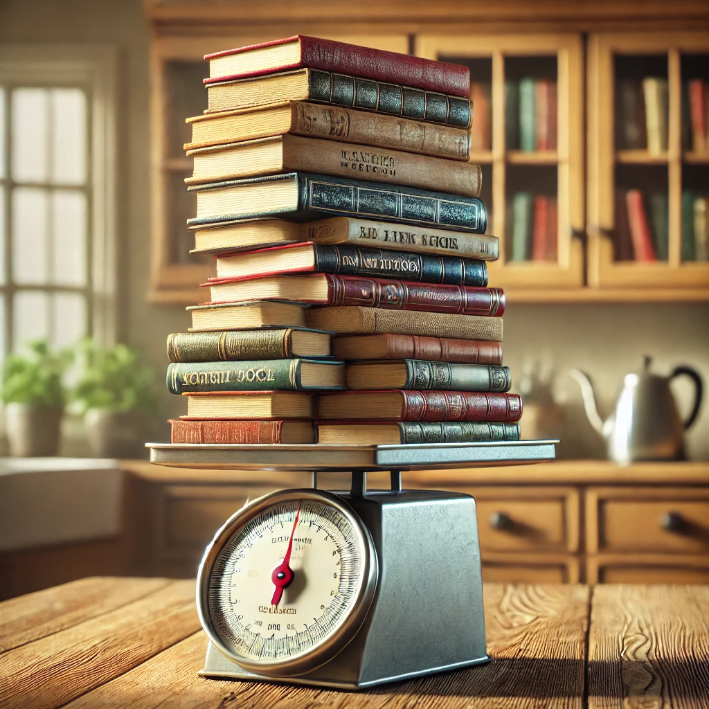 A realistic photograph of a stack of books placed on a kitchen scale. The books are of varying sizes and colors, with some having worn-out covers and others looking newer. The kitchen scale is a vintage, analog type with a dial, placed on a wooden kitchen countertop. The background features soft, natural lighting, giving a warm, cozy atmosphere to the scene. The focus is on the balance between the weight of the books and the scale's measurement.